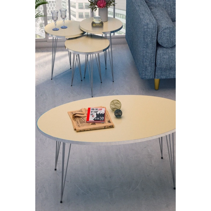 USLUCAN ALIŞVERİŞ Zigon Sehpa Ve Orta Sehpa Elips Set Gümüş Krem Tel