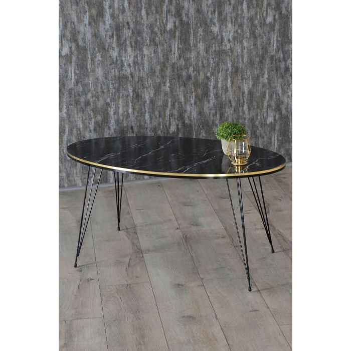 USLUCAN ALIŞVERİŞ Zigon Sehpa Ve Orta Sehpa Elips Set Siyah Tel Ayak Çift Altın Bendir