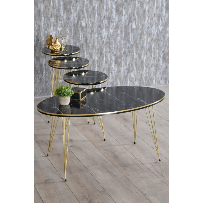 USLUCAN ALIŞVERİŞ Zigon Sehpa Ve Orta Sehpa Elips Set Tel Ayak Çift Gold Bendir