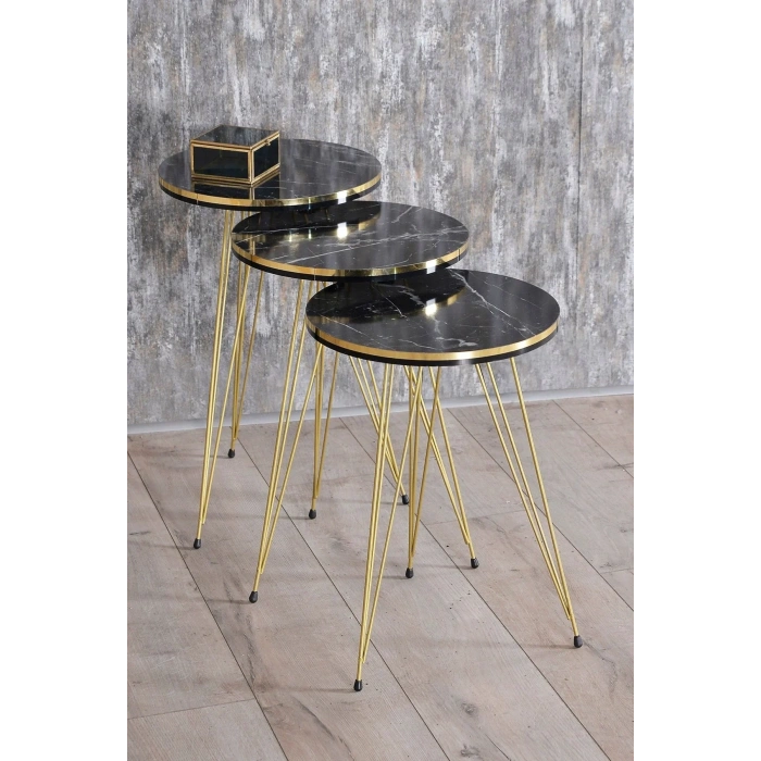 USLUCAN ALIŞVERİŞ Zigon Sehpa Ve Orta Sehpa Elips Set Tel Ayak Çift Gold Bendir