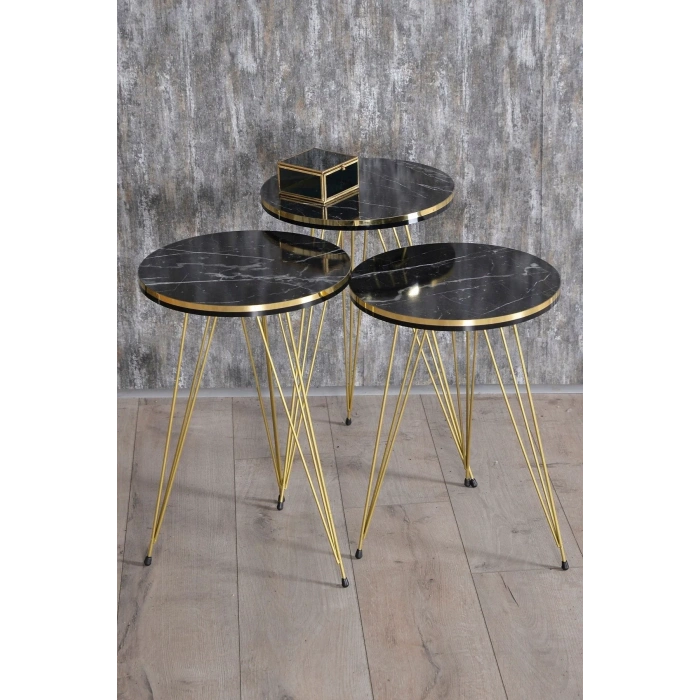 USLUCAN ALIŞVERİŞ Zigon Sehpa Ve Orta Sehpa Elips Set Tel Ayak Çift Gold Bendir