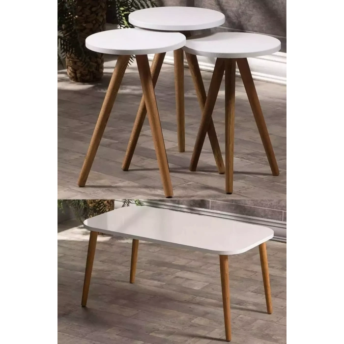 USLUCAN ALIŞVERİŞ Zigon Sehpa Ve Orta Sehpa Set Ahşap Kr Torna Beyaz
