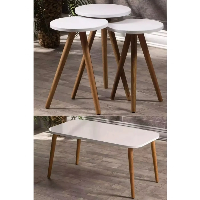 USLUCAN ALIŞVERİŞ Zigon Sehpa Ve Orta Sehpa Set Ahşap Kr Torna Beyaz
