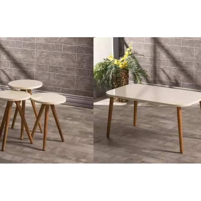 USLUCAN ALIŞVERİŞ Zigon Sehpa Ve Orta Sehpa Set Ahşap Kr Torna Krem