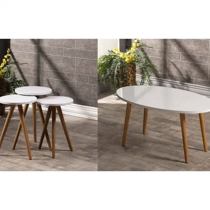 USLUCAN ALIŞVERİŞ Zigon Sehpa Ve Orta Sehpa Set Ahşap Torna Elips Beyaz