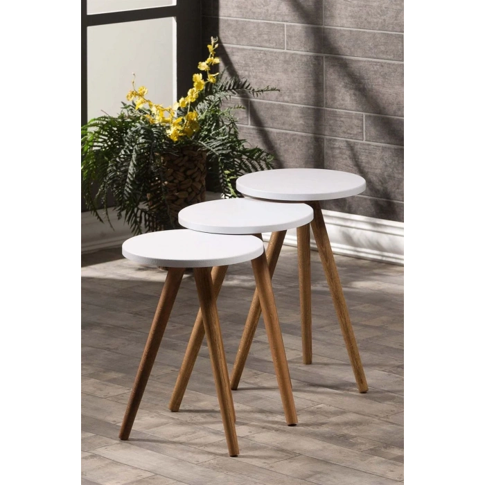 USLUCAN ALIŞVERİŞ Zigon Sehpa Ve Orta Sehpa Set Ahşap Torna Elips Beyaz