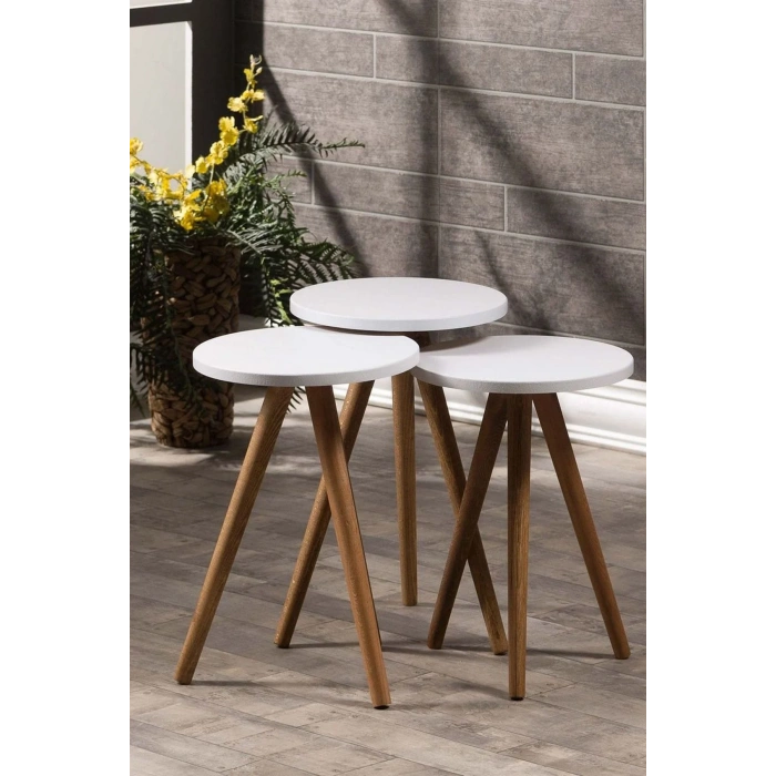 USLUCAN ALIŞVERİŞ Zigon Sehpa Ve Orta Sehpa Set Ahşap Torna Elips Beyaz