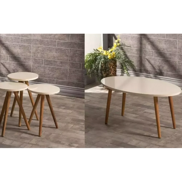 USLUCAN ALIŞVERİŞ Zigon Sehpa Ve Orta Sehpa Set Ahşap Torna Elips Krem