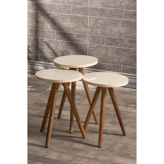 USLUCAN ALIŞVERİŞ Zigon Sehpa Ve Orta Sehpa Set Ahşap Torna Elips Krem