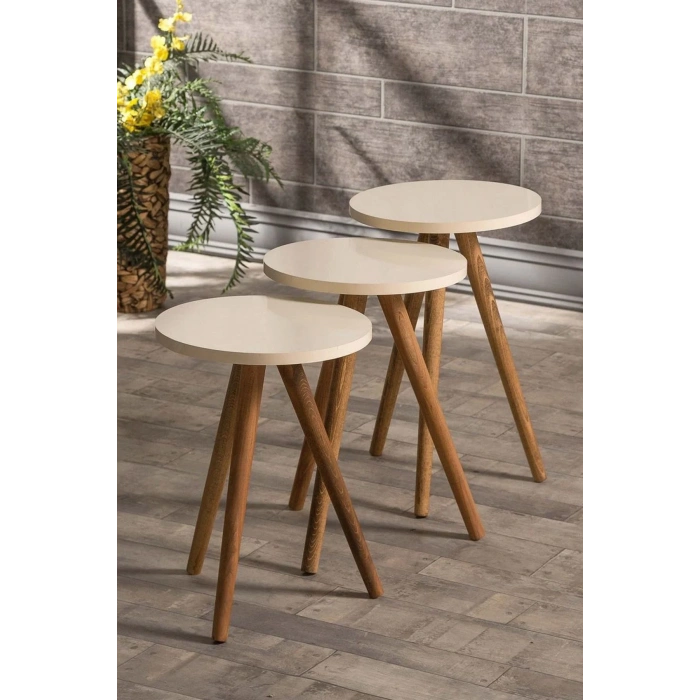 USLUCAN ALIŞVERİŞ Zigon Sehpa Ve Orta Sehpa Set Ahşap Torna Elips Krem