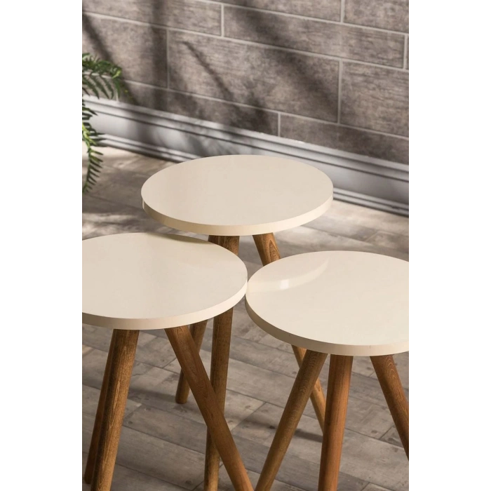 USLUCAN ALIŞVERİŞ Zigon Sehpa Ve Orta Sehpa Set Ahşap Torna Elips Krem