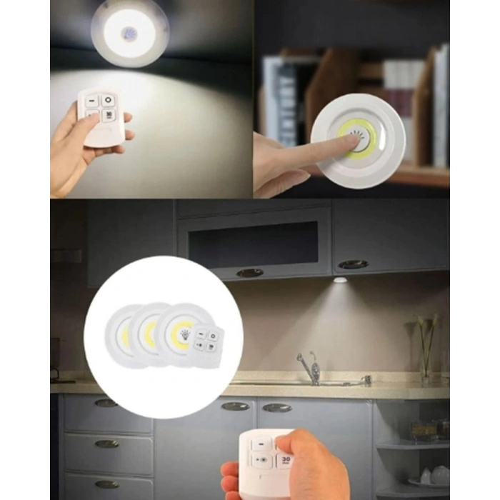 Uzaktan Kumandalı 3 Lü Kablosuz Led Spot Lamba Seti Yapışkanlı Pratik Kullanım