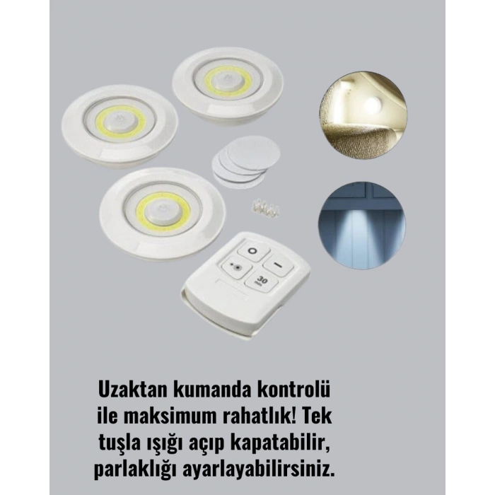 Uzaktan Kumandalı 3 Lü Kablosuz Led Spot Lamba Seti Yapışkanlı Pratik Kullanım
