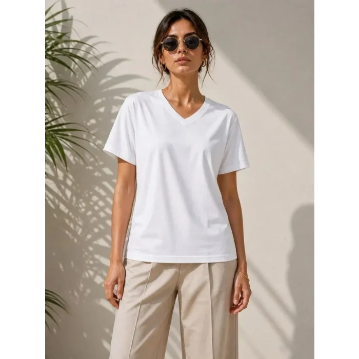 V Yaka Basic Tişört Kısa Kol Yazlık Regular Fit T-Shirt - Beyaz