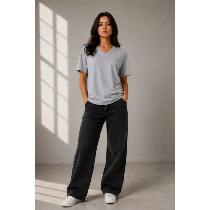 V Yaka Basic Tişört Kısa Kol Yazlık Regular Fit T-Shirt - Gri
