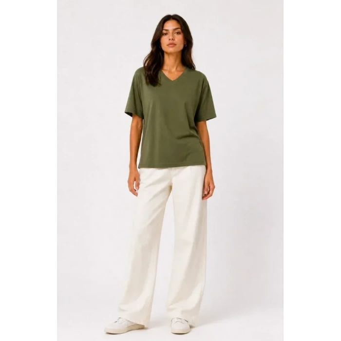V Yaka Basic Tişört Kısa Kol Yazlık Regular Fit T-Shirt - Haki