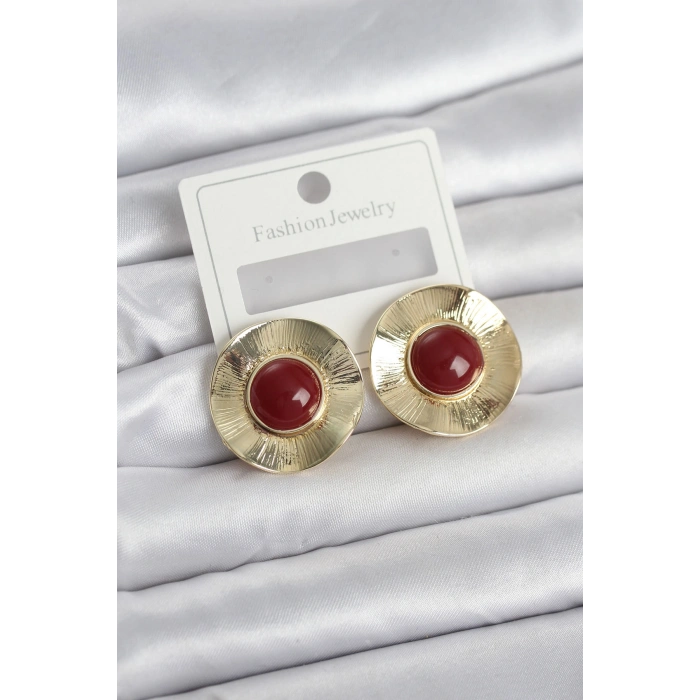 Vintage Model Bordo Gold Renk Pirinç Kadın Küpe 5886