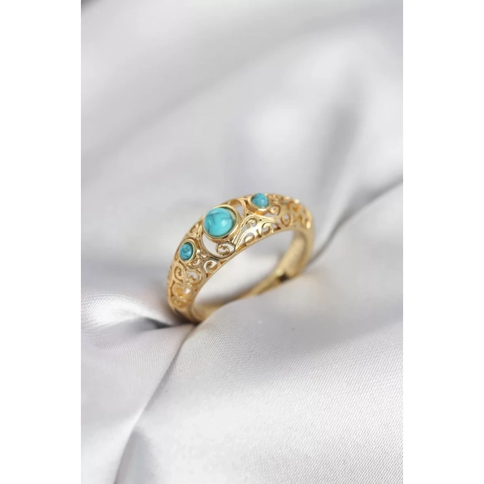 Vintage Model Mavi Taşlı Gold Renk Kadın Yüzük - TJ-BYK4149
