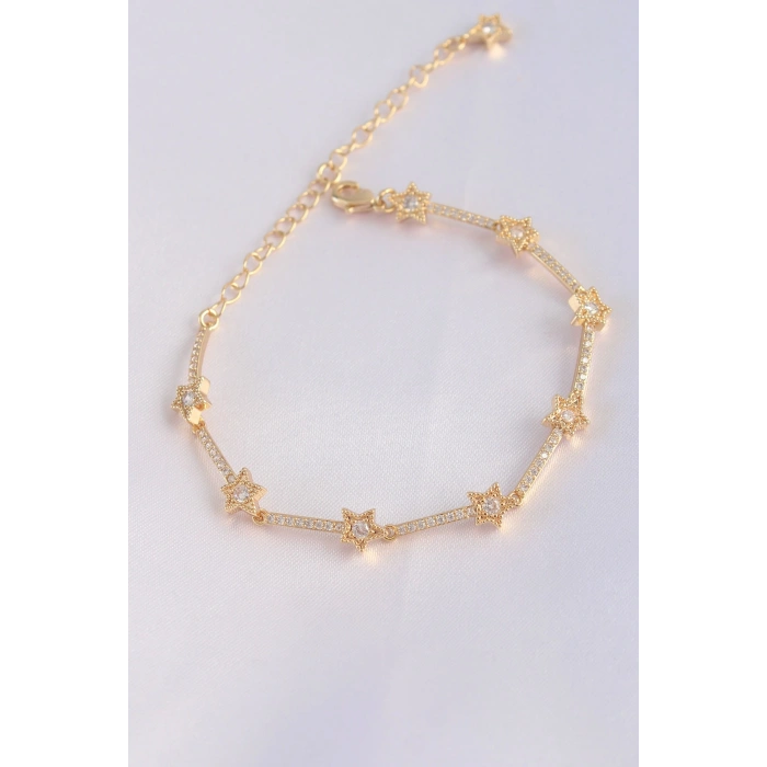 Vip Seri Pirinç Zirkon Taşlı Gold Renk Halley Model Bileklik 5886