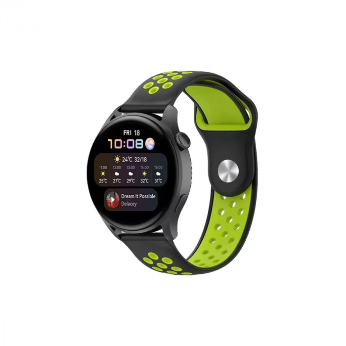 Watch 20mm Spor Delikli Kordon - Siyah-yeşil