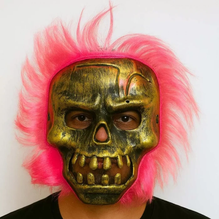 Wild Skull - Bakır Kafatası Pembe Saçlı İskelet Maske