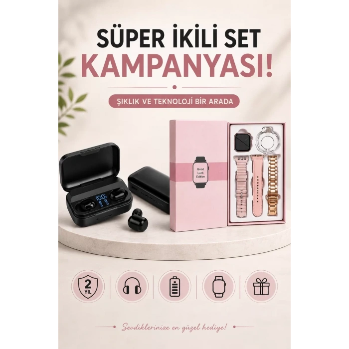 Wireless Şarjlı Pembe Akıllı Saat ve Kablosuz Bluetooth Kulaklık Dokunmatik Kontrol