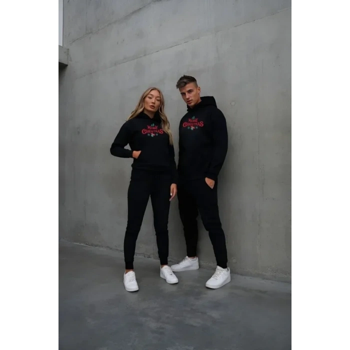 Yılbaşı Merry Christmas Baskılı Oversize Kapüşonlu Sweatshirt Hoodie - Siyah