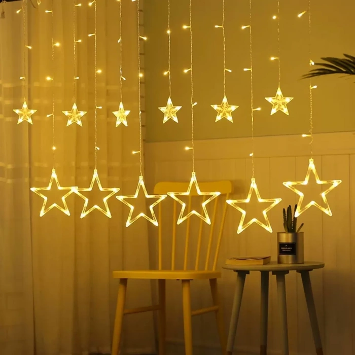 Yıldız Sarkıtlı Perde LED Aydınlatma - 3m Genişlik, 8 Modlu, Günışığı Renk,Ev Süsleme Işığı