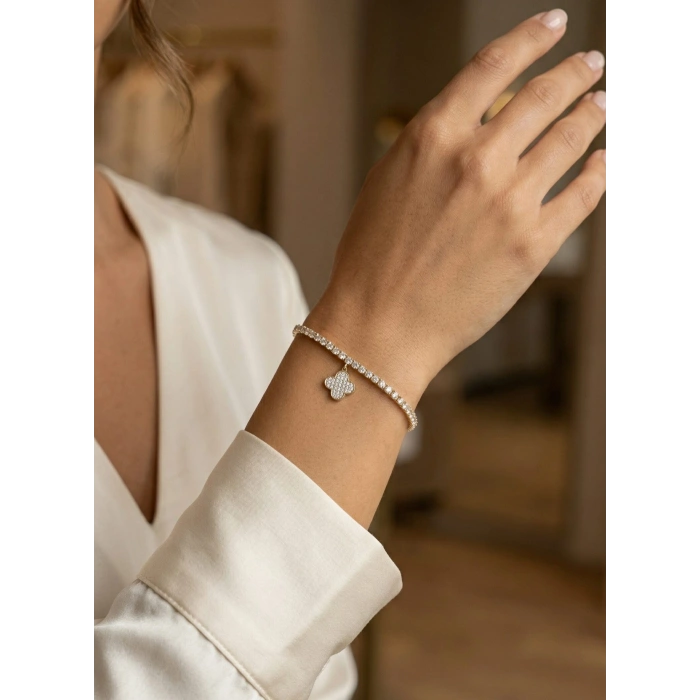 Yonca Model Zirkon Taşlı Gold Renk Asansörlü Su Yolu Bileklik 5886