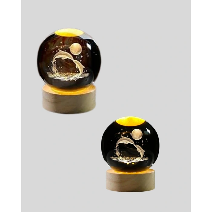 Yunus Temalı Kristal Küre USB Işıklı Ahşap Altlıklı Gece Lambası