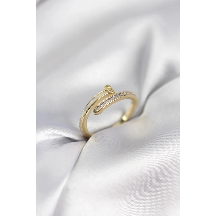 Zirkon Taşlı Gold Renk Yassı Çivi Model Kadın Yüzük 5886