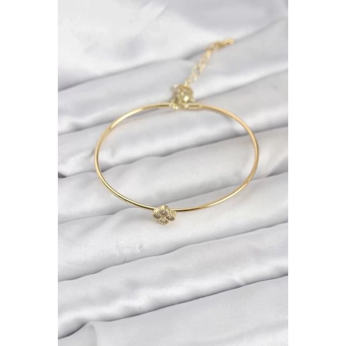 Zirkon Taşlı Yonca Model Gold Renk Kadın Bileklik - TJ-BB8235