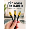 3lü Şarj Kablosu Hızlı Şarj Destekli Dayanıklı Örgü USB Kablo