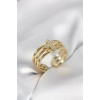 Gold Renk Zirkon Taşlı Yonca Model Kadın Yüzük - TJ-BYK4054