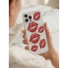 iPhone 14 Pro Max Kırmızı Dudak / Öpücük Desenli Şeffaf Telefon Kılıfı