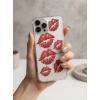 iPhone 15 Pro Max Kırmızı Dudak / Öpücük Desenli Şeffaf Telefon Kılıfı