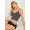 Kadın Anstrasit Gri İp Askılı Crop Top Bluz