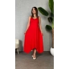 Kadın Askılı V Yakalı Halka Detaylı Asimetrik Kesim Detaylı Viskon Maxi Elbise