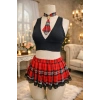 Kadın Cesur Ekoseli Siyah Dantelli Mini Etek Tanga ve Bluz Takım H110413