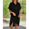 Kadın Kısa Kollu Yakalı Yandan Düğmeli ön Kısa Arkası Uzun Midi Dokuma Viskon Elbise