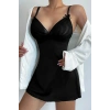 Kadın Siyah Askılı Beli Dantelli Göğsü Fiyonklu Şık Gecelik H110510