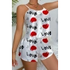 Love Desenli Beyaz Saten Şortlu Gecelik Takım