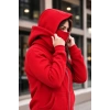 Maskeli Ninja Model Çift Kapüşonlu 3 İplik Şardonlu Fermuarlı Oversize Sweatshirt - Kırmızı