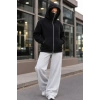 Maskeli Ninja Model Çift Kapüşonlu 3 İplik Şardonlu Fermuarlı Oversize Sweatshirt - Siyah