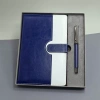 Mavi Beyaz Deri Kapaklı Defter Ve Metal Kalem Set