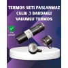Paslanmaz Termos ve İkili Bardak Seti | 6-12 Saat Sıcak/Soğuk Tutma