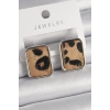 Pirinç Gümüş Renk Leopar Desenli Kare Model Kadın Küpe 5886