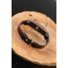 Siyah Deniz Çapalı Çelik Aksesuarlı Kahverengi Deri Erkek Bileklik - TJ-EB2537-KS