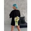 Unisex Bisiklet Yaka Baskılı Oversize T-Shirt - Siyah