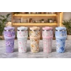 USLUCAN ALIŞVERİŞ Çiçek Desenli 900 ml Taşıma Kulplu Paslanmaz Çelik Termos Mug Bardak
